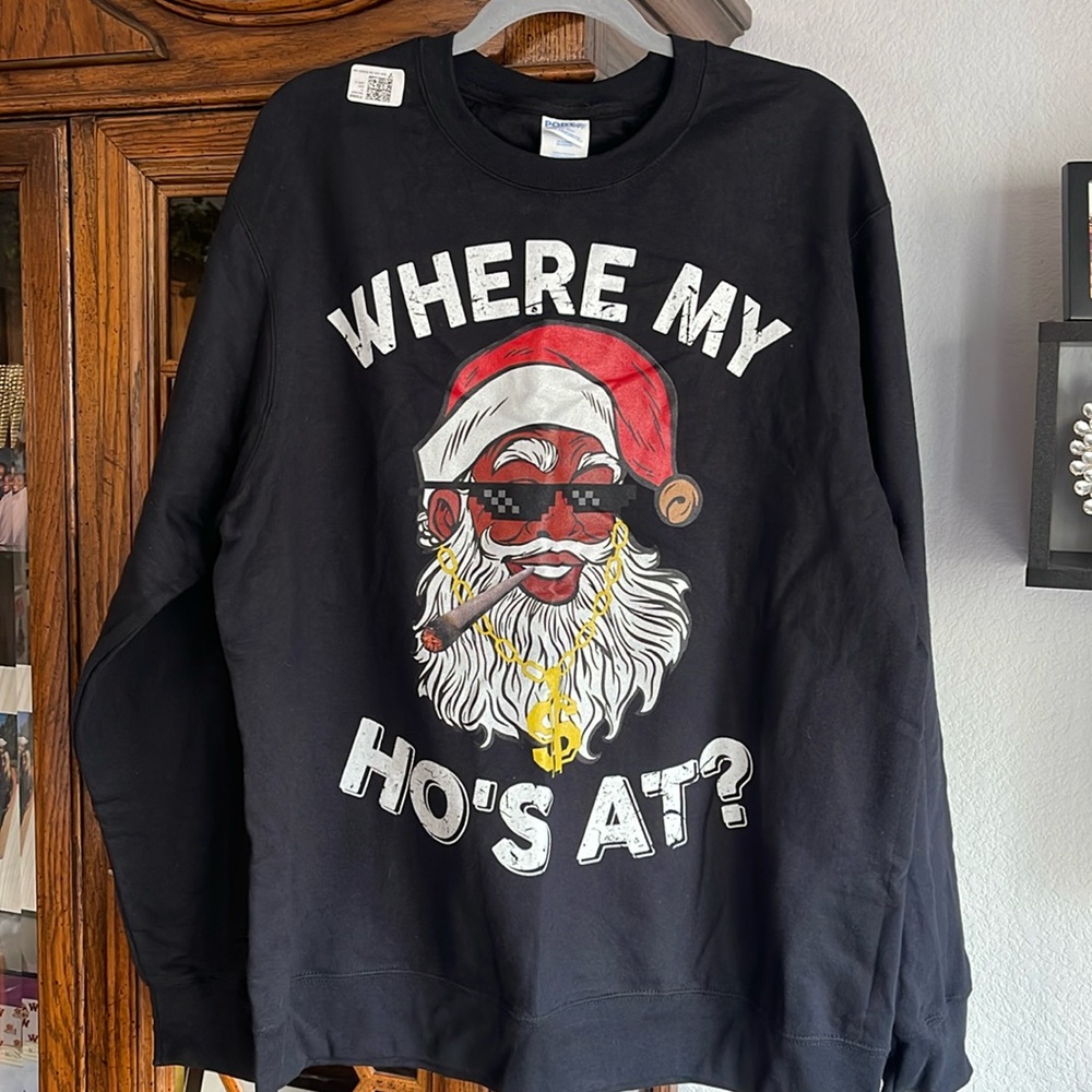 Men’s Where My Ho’s At Santa 🎅🏾 Ugly Christmas Sweater🎄 Sweatshirt Sz XL